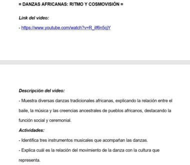 Captura de pantalla de un documento titulado "Danzas Africanas: Ritmo y Cosmovisión", que incluye un enlace a un vídeo de YouTube, una descripción de las danzas africanas y su significado cultural, y una lista de actividades propuestas.