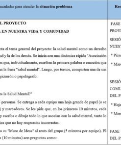 Un cuadro en español con dos columnas: la izquierda detalla las actividades del proyecto sobre salud mental en la escuela, incluidas las presentaciones, los debates y el trabajo en grupo; la derecha describe las fases del proyecto y los pasos para abordar el problema.