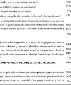 Se muestra un plan de clase en español, dividido en dos columnas. La columna de la izquierda detalla las actividades de clase y las preguntas de debate sobre salud mental. La columna de la derecha esboza cuatro sesiones de taller estructuradas con breves descripciones.