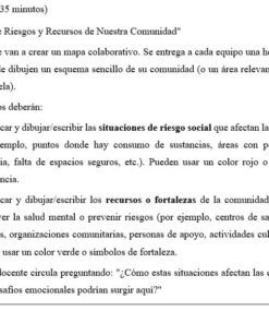 Una hoja de trabajo en español enseña a los alumnos a crear un mapa de riesgos y recursos de la comunidad, identificar situaciones de riesgo social y destacar los puntos fuertes para la salud mental utilizando colores y símbolos. Al final se incluyen preguntas orientativas.