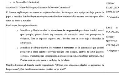 Una hoja de trabajo en español enseña a los alumnos a crear un mapa de riesgos y recursos de la comunidad, identificar situaciones de riesgo social y destacar los puntos fuertes para la salud mental utilizando colores y símbolos. Al final se incluyen preguntas orientativas.