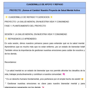Una hoja de trabajo educativa digital en español titulada "CUADERNILLO DE APOYO Y REPASO", que trata de la salud mental y el bienestar emocional, con viñetas que resumen las lecciones clave y emojis para dar énfasis.