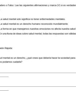 Una hoja de ejercicios en español con afirmaciones verdaderas o falsas sobre la salud mental y una pregunta de respuesta corta sobre la salud mental como derecho humano, seguida de líneas en blanco para las respuestas.