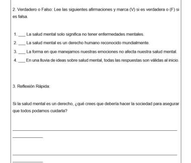 Una hoja de ejercicios en español con afirmaciones verdaderas o falsas sobre la salud mental y una pregunta de respuesta corta sobre la salud mental como derecho humano, seguida de líneas en blanco para las respuestas.