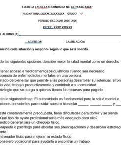 Hoja de trabajo escolar en español en la que se plantean preguntas sobre la salud mental y se incluyen definiciones, ejemplos y situaciones hipotéticas para que los alumnos las analicen y respondan por escrito. Hay espacios para el nombre, la fecha y la puntuación.