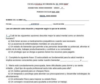 Hoja de trabajo escolar en español en la que se plantean preguntas sobre la salud mental y se incluyen definiciones, ejemplos y situaciones hipotéticas para que los alumnos las analicen y respondan por escrito. Hay espacios para el nombre, la fecha y la puntuación.