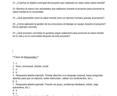 Captura de pantalla de un cuestionario en español sobre proyectos de salud mental, con las preguntas 21-25. Debajo, hay una clave de respuestas titulada "Clave de Respuestas", con respuestas numeradas y breves explicaciones.