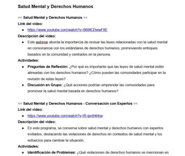 Una página web en español titulada "Salud Mental y Derechos Humanos" contiene dos enlaces a vídeos de YouTube, descripciones y actividades como debates en grupo, preguntas para la reflexión e identificación de problemas relacionados con la salud mental y los derechos humanos.
