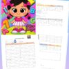 Una colorida portada titulada "Bitácora de Consejo Técnico" con una niña de dibujos animados, números y letras, junto a tres páginas de hojas de trabajo con tablas para notas e información, en español.