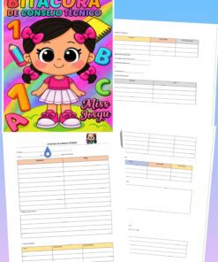 Una colorida portada titulada "Bitácora de Consejo Técnico" con una niña de dibujos animados, números y letras, junto a tres páginas de hojas de trabajo con tablas para notas e información, en español.
