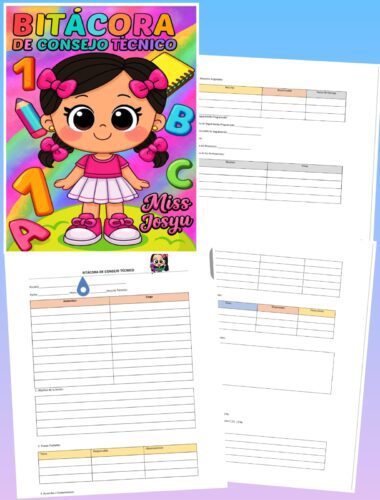 Una colorida portada titulada "Bitácora de Consejo Técnico" con una niña de dibujos animados, números y letras, junto a tres páginas de hojas de trabajo con tablas para notas e información, en español.