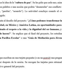 Un plan de clase en español detalla las actividades sobre la cultura de la paz, debatiendo la resolución de conflictos en las escuelas, con instrucciones para que los alumnos escriban un pensamiento final en una tarjeta. A la derecha figura un esquema de la sesión.