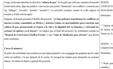 Un plan de clase en español detalla las actividades sobre la cultura de la paz, debatiendo la resolución de conflictos en las escuelas, con instrucciones para que los alumnos escriban un pensamiento final en una tarjeta. A la derecha figura un esquema de la sesión.
