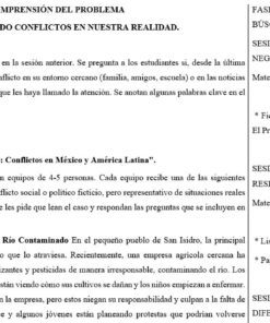 Se muestra un plan de clase en español en el que se detallan actividades para analizar y resolver conflictos, incluidos juegos de cartas y herramientas de escenarios, divididas en tiempos y fases de sesión. El texto está organizado en columnas y secciones.