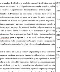 Una página de texto en español con preguntas en negrita sobre conflictos, diversidad e inclusión en las escuelas, seguida de actividades para el aula y una sección titulada 