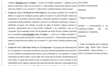 Una página de texto en español con preguntas en negrita sobre conflictos, diversidad e inclusión en las escuelas, seguida de actividades para el aula y una sección titulada "INCLUSIÓN INTERCULTURAL." Algunos textos están resaltados.