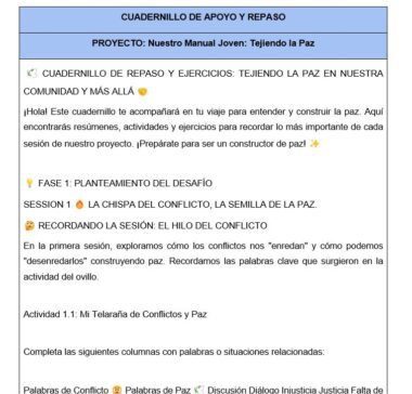 Un folleto digital titulado "CUADERNILLO DE APOYO Y REPASO" para el proyecto "Nuestro Manual Joven: Tejiendo la Paz", con secciones y emojis, presenta actividades de resolución de conflictos y consolidación de la paz.