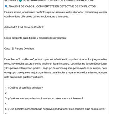 Captura de pantalla de una hoja de trabajo en español sobre análisis de conflictos. Presenta un caso ficticio sobre un parque abandonado, seguido de preguntas en las que se pide a los alumnos que identifiquen el conflicto, las partes interesadas y las posibles soluciones.