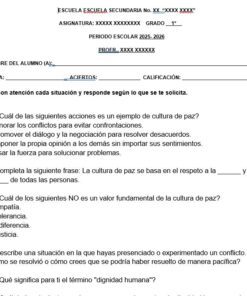 Hoja de ejercicios en español sobre cultura para alumnos de primer curso, con preguntas de opción múltiple y de respuesta corta, espacios para escribir el nombre, la fecha y el profesor, y campos en blanco marcados con una X para mayor privacidad.