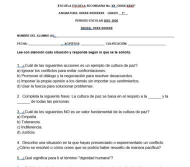 Hoja de ejercicios en español sobre cultura para alumnos de primer curso, con preguntas de opción múltiple y de respuesta corta, espacios para escribir el nombre, la fecha y el profesor, y campos en blanco marcados con una X para mayor privacidad.