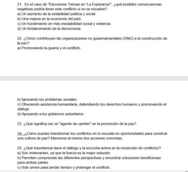 Captura de pantalla de un cuestionario de opciones múltiples en español con preguntas sobre las consecuencias de los conflictos no resueltos y el papel de las ONG en la consolidación de la paz. Para cada pregunta hay varias opciones de respuesta.