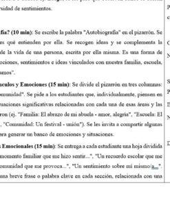 Documento en español en el que se describen las actividades de clase. Enumera tres ejercicios que implican escribir sobre autobiografías, establecer conexiones vitales y evocar recuerdos emotivos, con instrucciones sobre el calendario y los materiales.