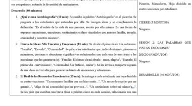 Documento en español en el que se describen las actividades de clase. Enumera tres ejercicios que implican escribir sobre autobiografías, establecer conexiones vitales y evocar recuerdos emotivos, con instrucciones sobre el calendario y los materiales.