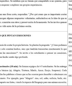 Captura de pantalla parcial de un plan de clase en español con detalles de la sesión, descripciones de las actividades, distribución del tiempo y un enfoque en las emociones, la narración de historias y ejercicios como 