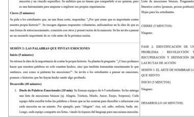 Captura de pantalla parcial de un plan de clase en español con detalles de la sesión, descripciones de las actividades, distribución del tiempo y un enfoque en las emociones, la narración de historias y ejercicios como "Duelo de Palabras Emocionales".