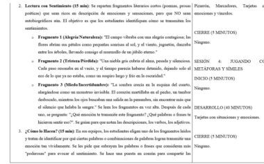 Una sección de planes de clase en español que describe actividades sobre la lectura de fragmentos literarios que expresan emociones, el análisis de cómo se comunican los sentimientos y un esquema de sesión con tiempos específicos para cada actividad.