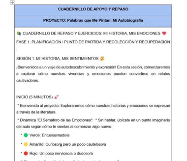 Una hoja de trabajo en español titulada "CUADERNILLO DE APOYO Y REPASO: Mi Autobiografía" con iconos emoji de colores, títulos de sesiones y una lista de emociones para una actividad sobre la autoexploración y los sentimientos.