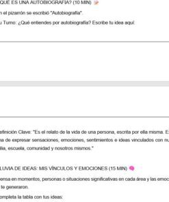 Captura de pantalla digital de un documento educativo en español. En él se habla de autobiografías y emociones, planteando preguntas y definiciones, con apartados titulados 