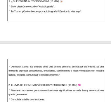 Captura de pantalla digital de un documento educativo en español. En él se habla de autobiografías y emociones, planteando preguntas y definiciones, con apartados titulados "¿QUÉ ES UNA AUTOBIOGRAFÍA?" y "LLUVIA DE IDEAS: MIS VÍNCULOS Y EMOCIONES.