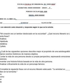 Hoja de trabajo en español para alumnos de 1º de secundaria en la que se pregunta sobre recursos literarios, hechos históricos en autobiografías y cómo completar una frase sobre la amistad. En la parte superior hay espacios para el nombre del alumno, la fecha y el curso.