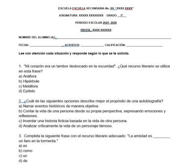 Hoja de trabajo en español para alumnos de 1º de secundaria en la que se pregunta sobre recursos literarios, hechos históricos en autobiografías y cómo completar una frase sobre la amistad. En la parte superior hay espacios para el nombre del alumno, la fecha y el curso.