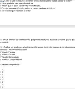 Captura de pantalla de un cuestionario en español que muestra las preguntas 24 y 25, incluidas las respuestas de opción múltiple para la pregunta 25, relacionada con los recursos literarios y la construcción de la identidad. Las claves de respuesta figuran al final.