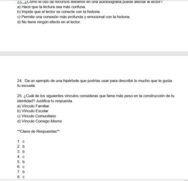 Captura de pantalla de un cuestionario en español que muestra las preguntas 24 y 25, incluidas las respuestas de opción múltiple para la pregunta 25, relacionada con los recursos literarios y la construcción de la identidad. Las claves de respuesta figuran al final.