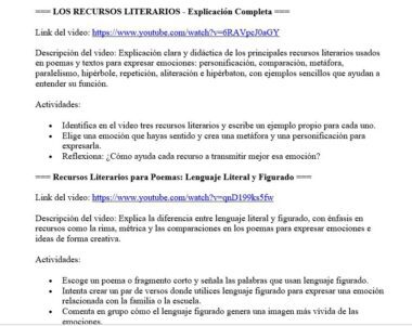 Captura de pantalla de un documento en español en el que se enumeran recursos literarios, explicaciones, enlaces a vídeos, actividades y preguntas para analizar el lenguaje poético, con los títulos en negrita y dos enlaces a YouTube incluidos.