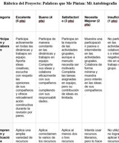 Una rúbrica para un proyecto de autobiografía en español con cinco categorías: Participación y Colaboración, y Comprensión y Aplicación, cada una calificada de Excelente (5 ptos) a Insuficiente (1 pto) con descripciones para cada nivel.