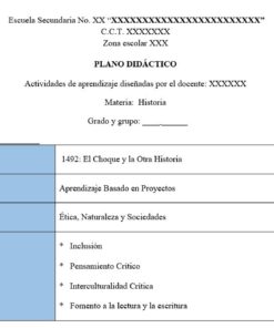 Plantilla de lección para una clase de historia, con secciones para la fecha, el proyecto, la metodología, el campo y los objetivos de aprendizaje. El proyecto mencionado es 