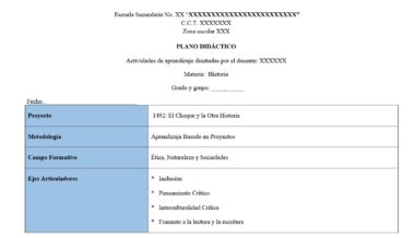 Plantilla de lección para una clase de historia, con secciones para la fecha, el proyecto, la metodología, el campo y los objetivos de aprendizaje. El proyecto mencionado es "1492: El Choque y la Otra Historia.