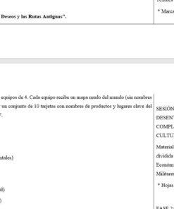 Captura de pantalla de un plan de clase en español que muestra las instrucciones de la actividad, una lista de productos comerciales como el cardamomo y la pimienta, y un esquema de la sesión sobre los factores de complejidad cultural. Algunos textos están resaltados en amarillo.