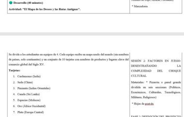 Captura de pantalla de un plan de clase en español que muestra las instrucciones de la actividad, una lista de productos comerciales como el cardamomo y la pimienta, y un esquema de la sesión sobre los factores de complejidad cultural. Algunos textos están resaltados en amarillo.