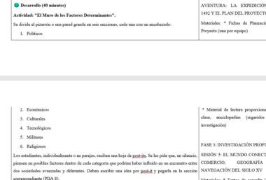 Captura de pantalla de un documento en español en el que se esboza una actividad denominada "El Muro de los Factores Determinantes" con una lista de seis categorías: políticos, económicos, culturales, tecnológicos, militares y religiosos.