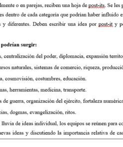 Un texto en español describe cómo los alumnos utilizan post-its para hacer una lluvia de ideas sobre los factores que influyen en las sociedades avanzadas, enumerando ejemplos en categorías como política, economía, cultura, tecnología, ejército y religión.