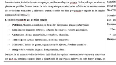 Un texto en español describe cómo los alumnos utilizan post-its para hacer una lluvia de ideas sobre los factores que influyen en las sociedades avanzadas, enumerando ejemplos en categorías como política, economía, cultura, tecnología, ejército y religión.