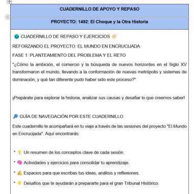 Captura de pantalla de una guía de estudio titulada "CUADERNILLO DE APOYO Y REPASO: El Choque y la Otra Historia". La página describe actividades y objetivos para repasar "El Mundo en Encrucijada", con viñetas e iconos orientativos.