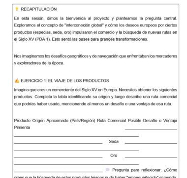 Hoja de ejercicios en español sobre las rutas del comercio mundial en el siglo XV, con una sección de recapitulación, un ejercicio sobre el comercio de productos y sugerencias para enumerar los retos y beneficios geográficos. Algunos campos de texto están en blanco para que los escriban los alumnos.