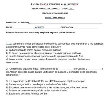 Ficha escolar en español con preguntas sobre las motivaciones económicas de la exploración europea y el matrimonio de los monarcas españoles. Incluye espacios para el nombre del alumno, la fecha y la puntuación.