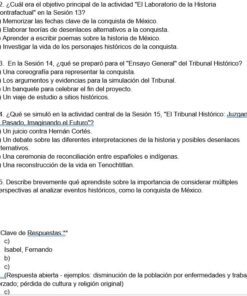 Cuestionario de opción múltiple en español sobre la historia de México, en el que se analiza la conquista de México y las simulaciones de tribunales. Incluye cuatro preguntas numeradas, cada una con múltiples opciones de respuesta etiquetadas de la a) a la e), y una sección titulada 